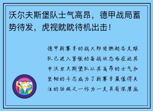 沃尔夫斯堡队士气高昂，德甲战局蓄势待发，虎视眈眈待机出击！